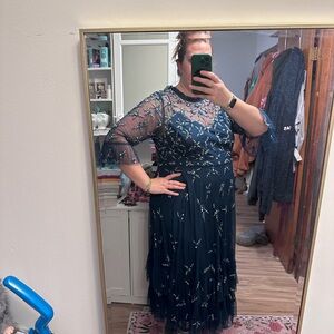 Mac Duggal Navy Blue Beaded Long Sleeve Dress
